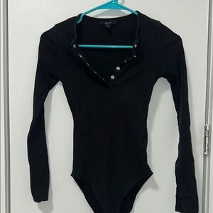 Black Fitted Polo Bodysuit with Buttoned Details